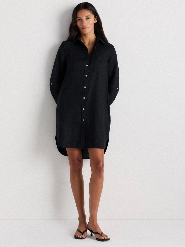 Quince Black 100% European Linen Shirt Dress Long Sleeve Pockets Size Large Nwt